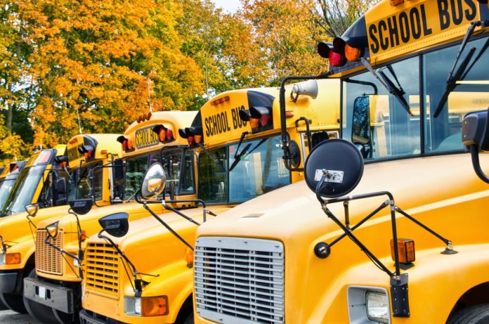 School buses education in autumn